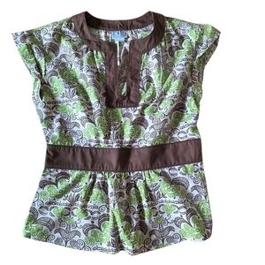 Tabitha Boho Print Blouse Side Zip Close Size 6 Green Brown & White 100% Cotton